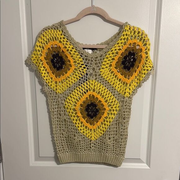 Crochet Top with Yellow and Brown Accents - Picture 1 of 3
